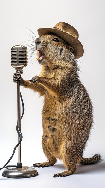 Foto il gopher divertente canta il karaoke in un microfono d'epoca