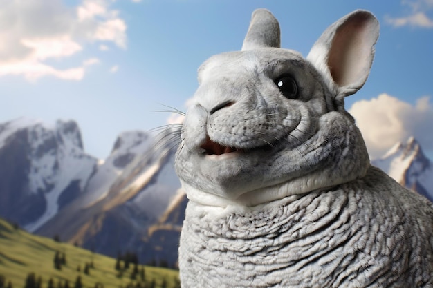 Funny gray chinchilla on the background of mountains and blue sky