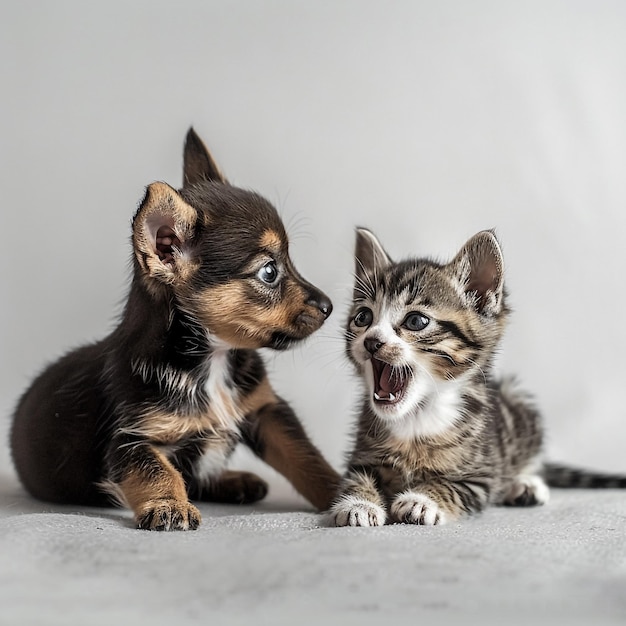 Funny gray kitten and smiling dog on white background Lovely fluffy cat and puppy of pomeranian spitz