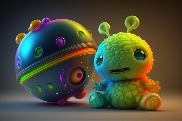Фото Забавный зеленый инопланетянин играет с радужной игрушечной планетой generative ai