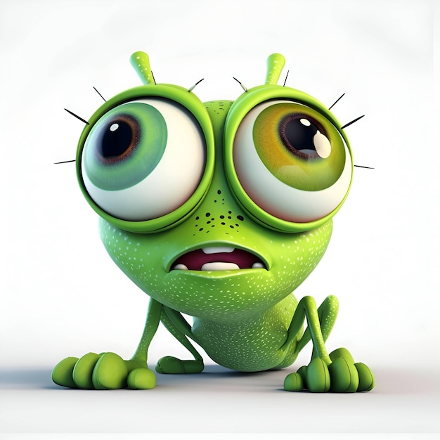Funny green alien with big eyes on white background 3D rendering