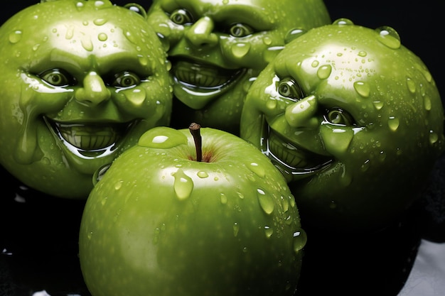 Funny green apples with water droplets on black background closeup