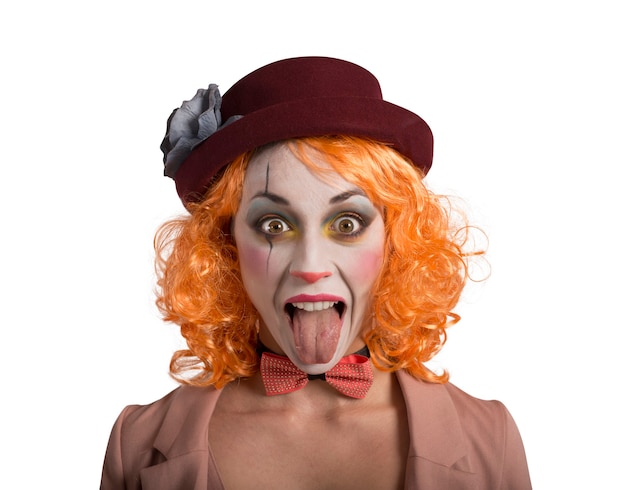 Photo funny grimace clown girl girl with tongue outside