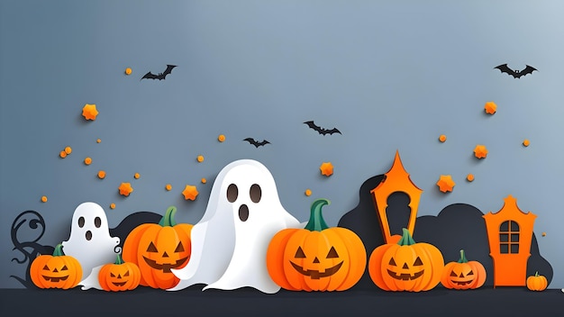Funny halloween background with pumpkins and ghost