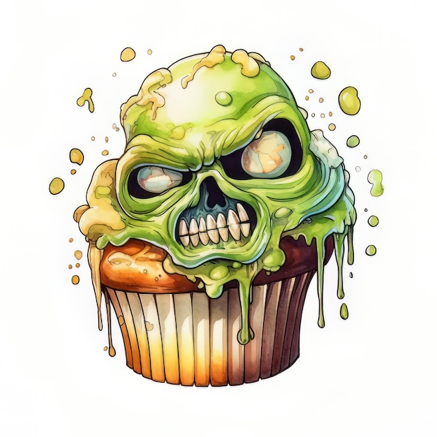 Funny Halloween cupcake with green scary face Watercolor illustration