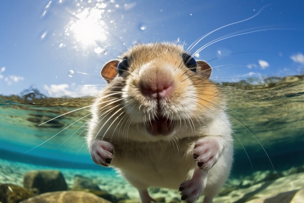 Funny hamster with stuffed cheeks swimming in the sea