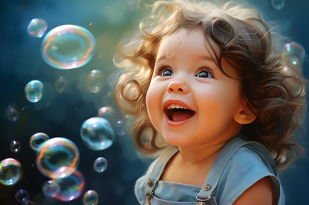 Funny happy baby girl with blond curls looks at colorful soap bubbles