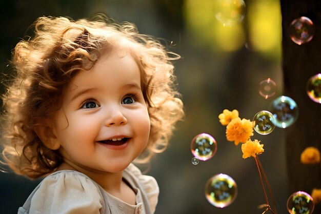 Funny happy baby girl with white curls looks at colorful soap bubbles