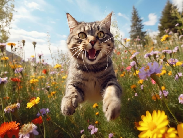 花の草原でジャンプする面白くて幸せな猫