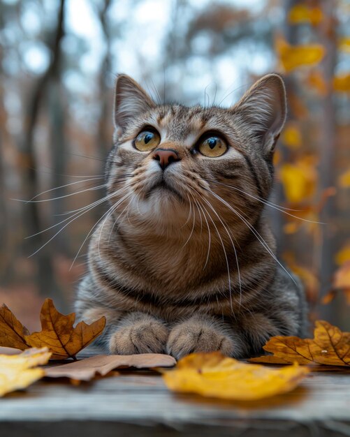 Funny happy cat on a table A cat calmly perched on a table surrounded by vibrant leaves