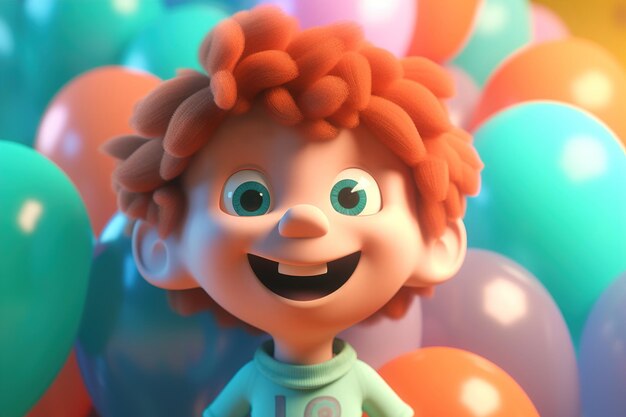 Funny happy caucasian curly redhead boy on holiday cute smiling child on background of balloons birthday Volumetric illustration of Generative AI