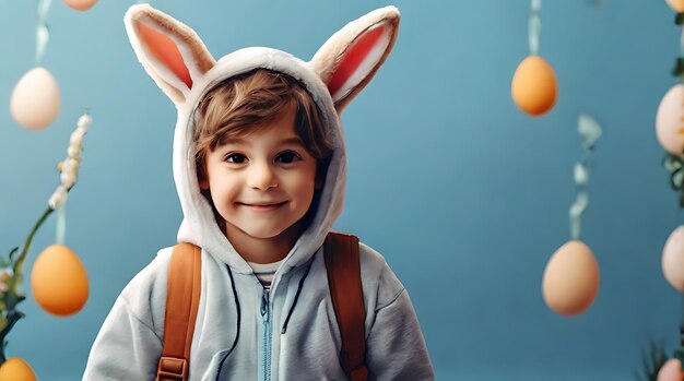 Funny happy child wearing bunny headband on solid blue background