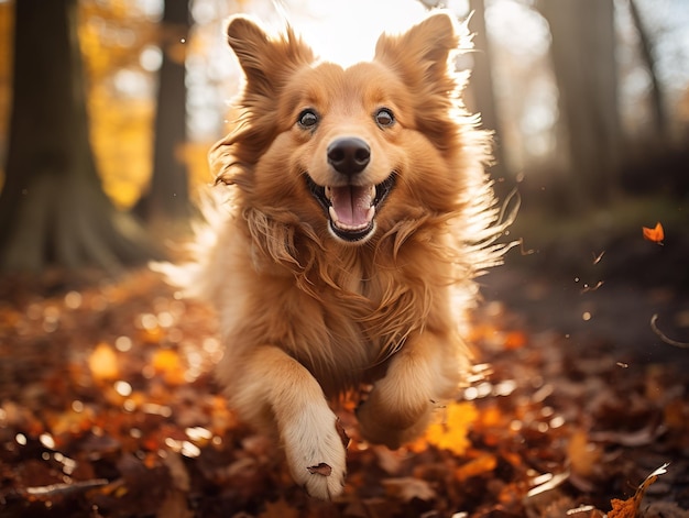Фото Забавный счастливый милый собачий щенок бежит улыбаясь в листьях золотая осень осенний фон генеративный ай