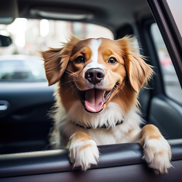 Funny happy dog looking out of car window Generative ai