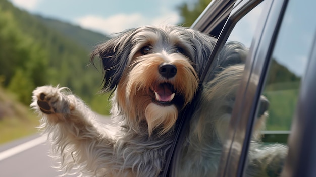 旅行中に車の窓から足を覗く面白い幸せな犬