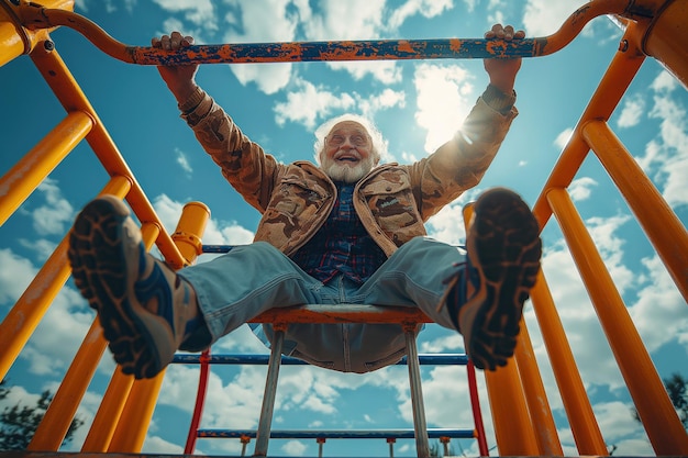 Funny happy elderly funky senior male pensioner on horizontal bars on playground outside in summer