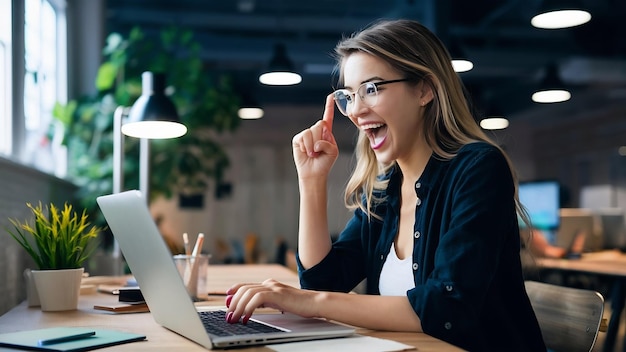 Забавная счастливая возбужденная молодая красивая женщина сидит за столом в черной рубашке работает на ноутбуке в коллеге