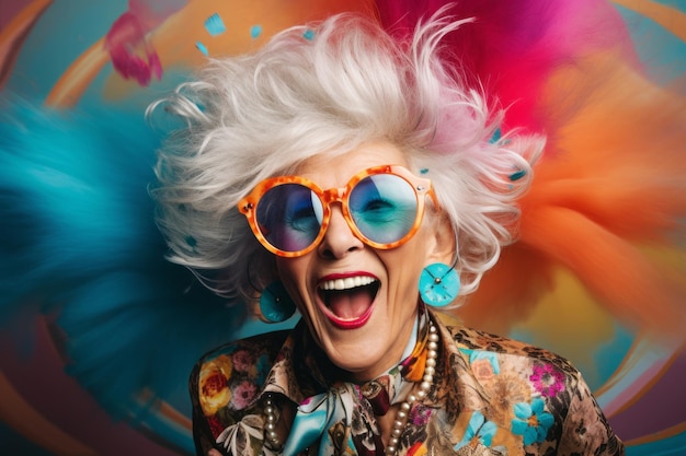 밝은 화장과 원안경을 쓴 재미있는 노부인 할머니는 재미있는 키덜트후드 컨셉을 좋아합니다