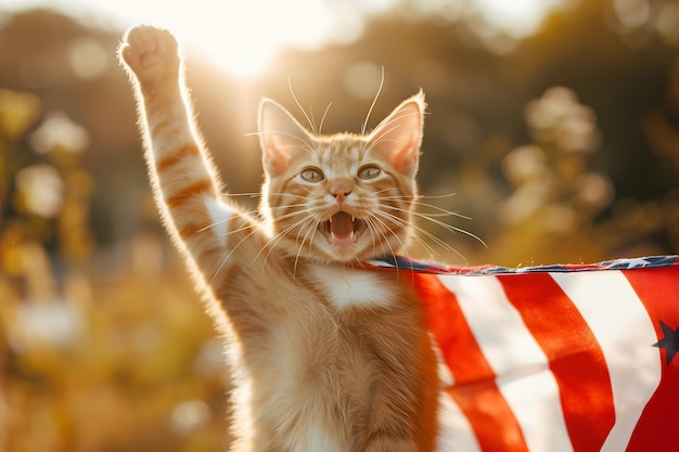Foto funny happy patriot cat in new york street with american flag celebrate 4th july independence day
