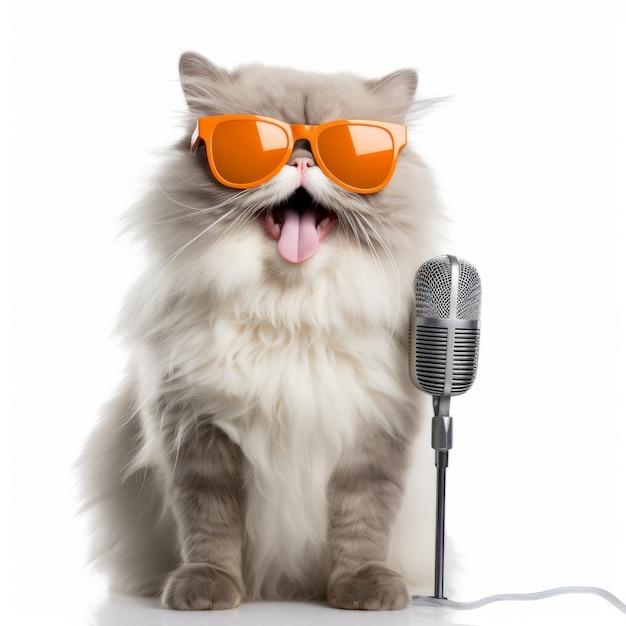 funny and happy Persian Cat laugh wearing sunglasses holding microphone