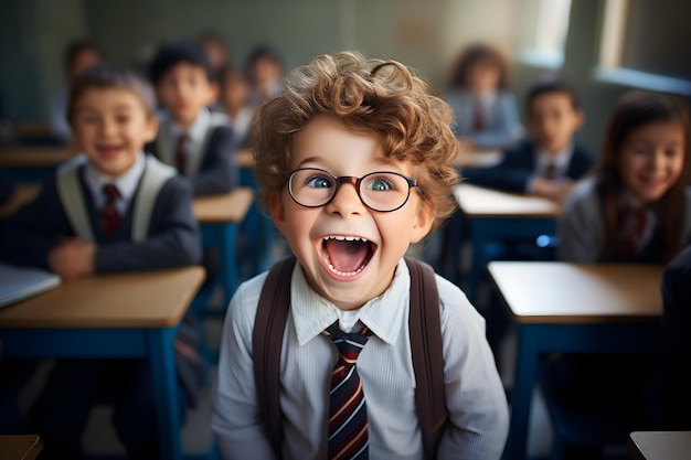 Funny happy smile child school boy shock in light school class concept ai