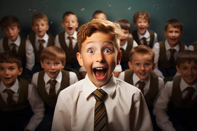 Funny happy smile child school boy shock in light school class concept ai