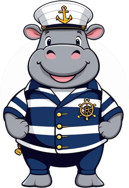 Funny Hippo in Character Sailors Sailing on isolated background