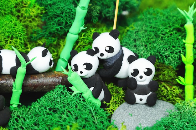 Funny homemade plasticine pandas in a stylized jungle Concept for world animal day panda day earth day Environmental protection