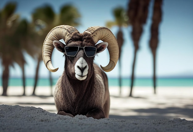 Funny horned ram in sunglasses looks at the camera against the backdrop of a seascape