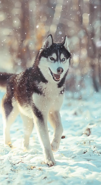 funny husky runs through the forest in winter, a walk in the frosty snowy forest, a cute husky in the winter landscape