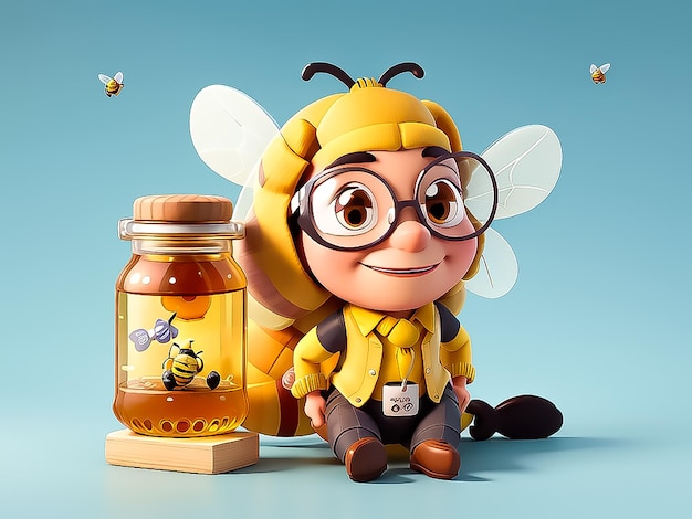 Photo funny illustrated bee dressed as a doctor near a jar with honey