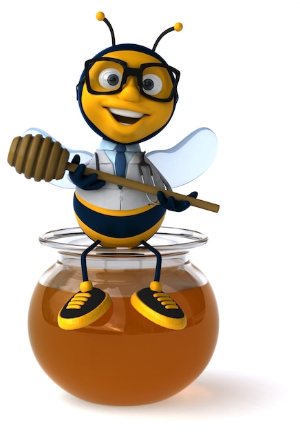 Photo funny illustrated bee dressed as a doctor sitting on a jar with honey