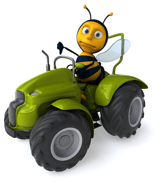 Funny illustrated bee driving a tractor showing thumbs down