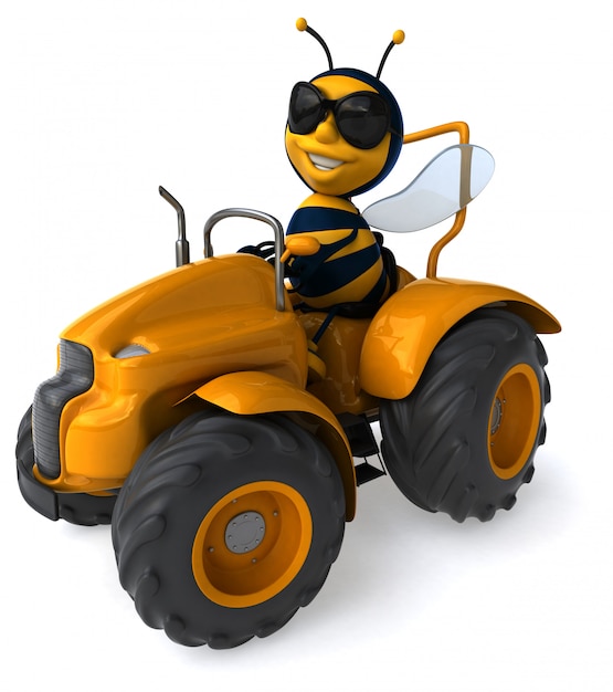 Funny illustrated bee driving a tractor