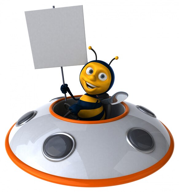 funny illustrated bee in a spaceship holding a placard