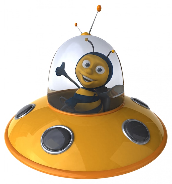 funny illustrated bee in a spaceship showing thumbs up