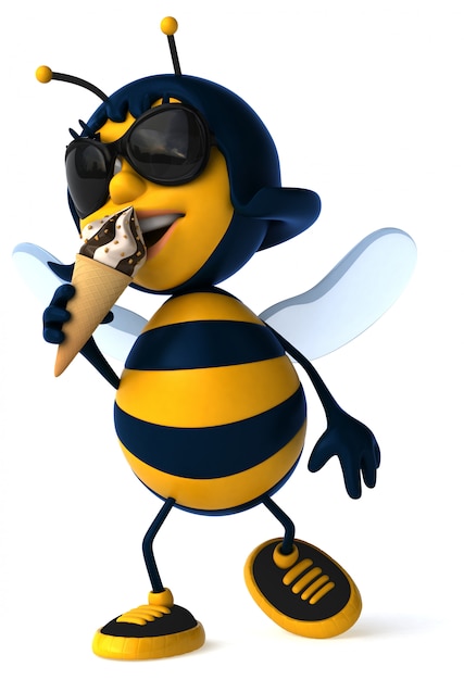 Photo funny illustrated bee with sunglasses eating icecream