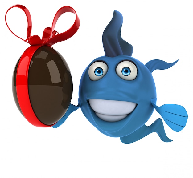 Funny illustrated blue fish holding a chocolate egg with a bow