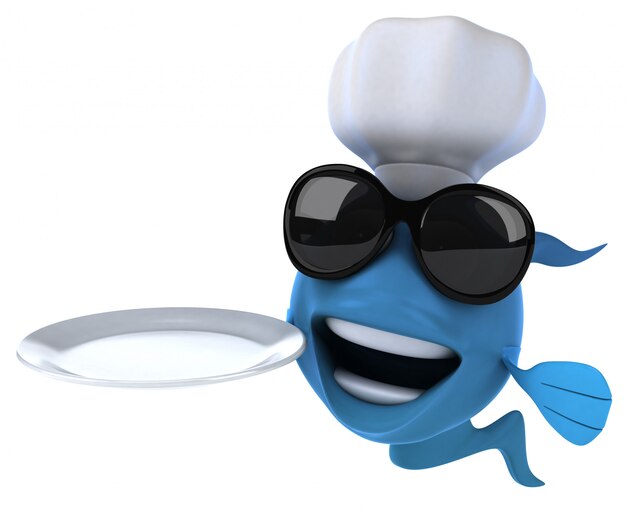 funny illustrated blue fish holding an empty plate