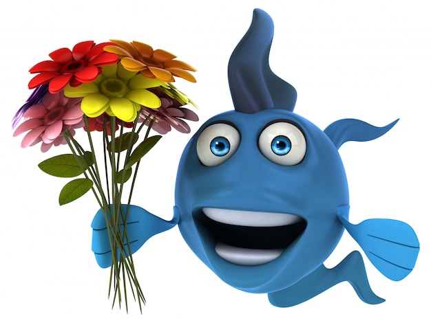 Photo funny illustrated blue fish holding a flower bouquet