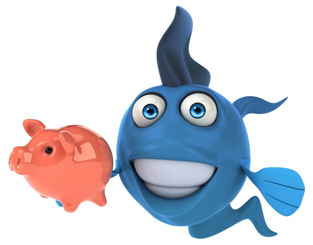 Photo funny illustrated blue fish holding a piggy bank