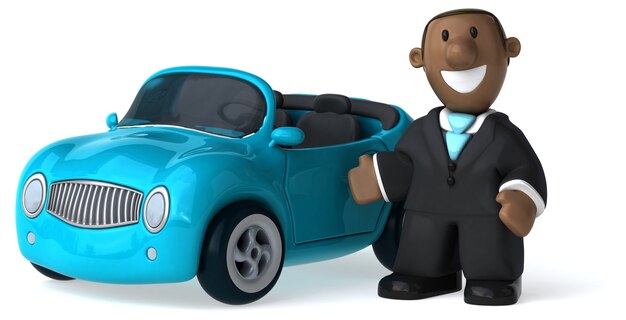 funny illustrated businessman and a car 3d rendered