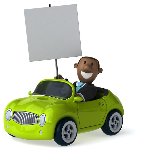 funny illustrated businessman and a car 3d rendered