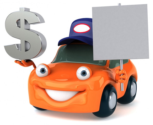 Funny illustrated car holding dollar sign and a blank placard