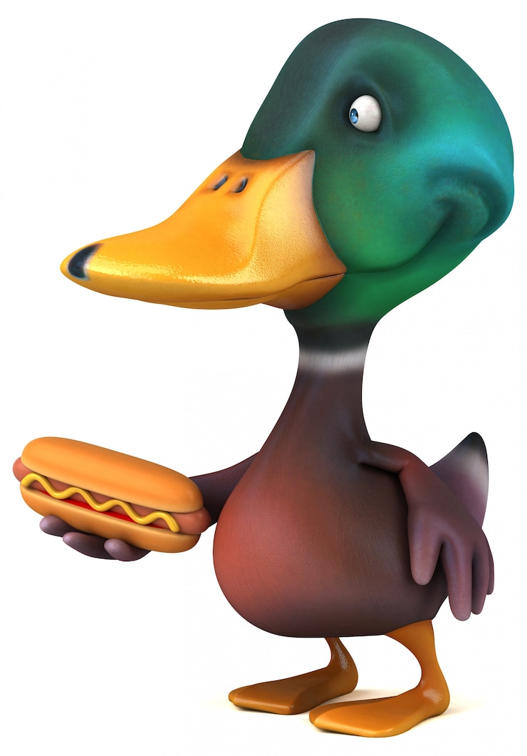 Photo funny illustrated duck holding a hotdog