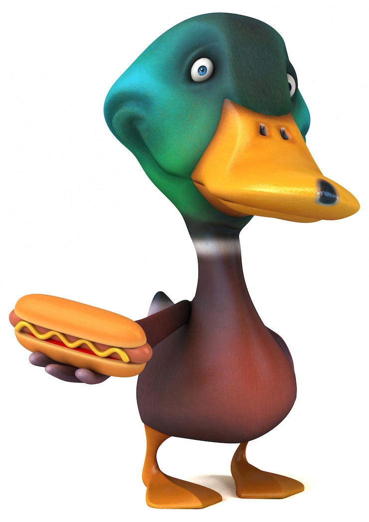 Photo funny illustrated duck holding a hotdog