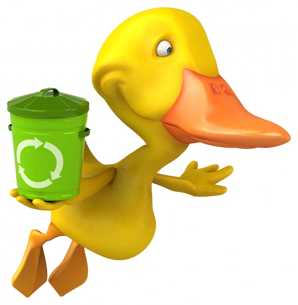 funny illustrated duck holding a recycle bin