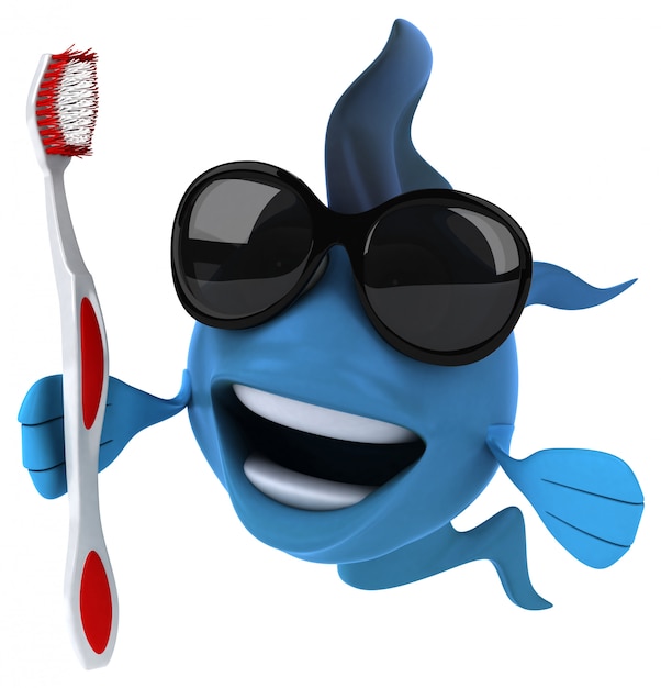 funny illustrated fish holding a toothbrush