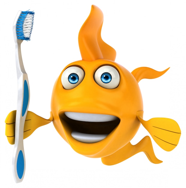 Funny illustrated fish holding a toothbrush