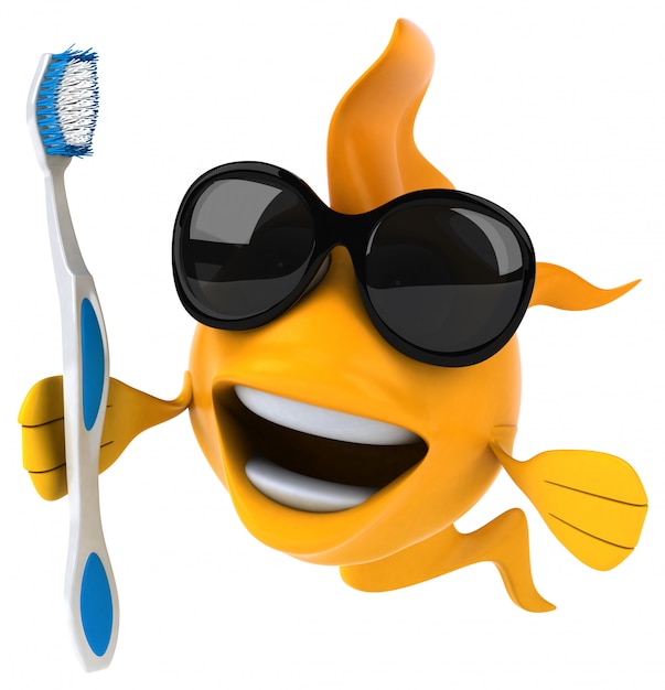 funny illustrated fish holding a toothbrush